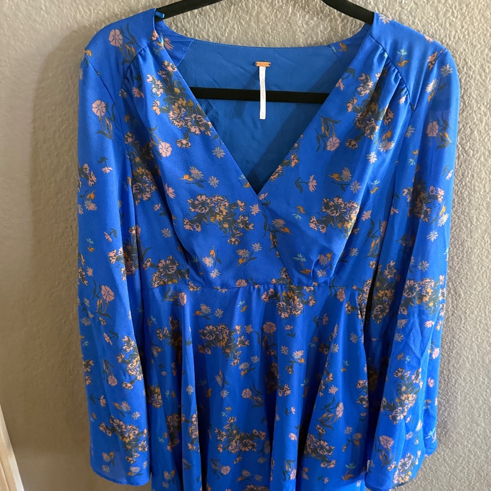 Free People Long Sleeve Floral Mini Dress Blue Pink Print Size Medium EUC